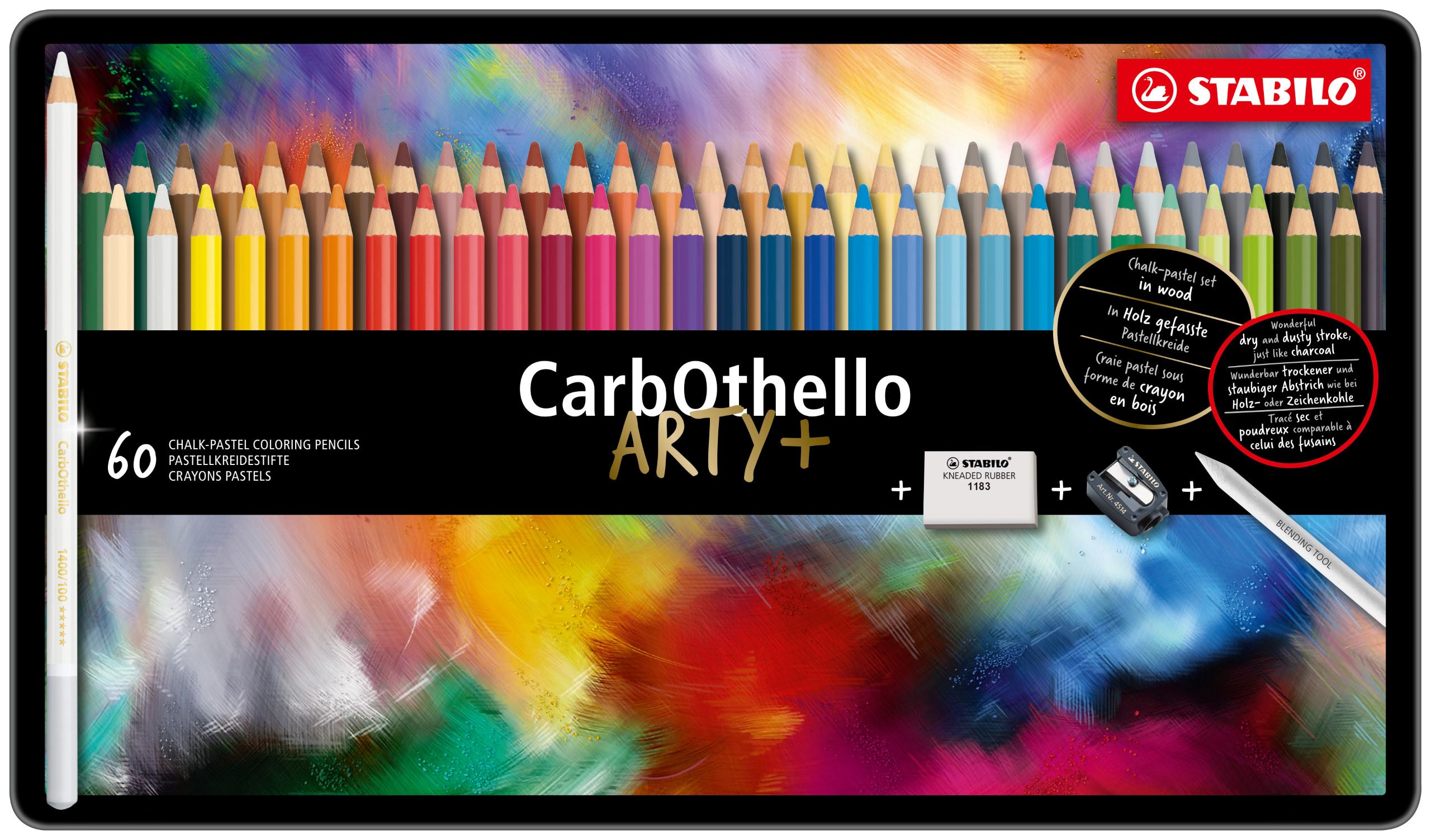 STABILO CarbOthello Pastel Arty + Coloured pencils tin of 60 + Sharpener , Eraser & Blender