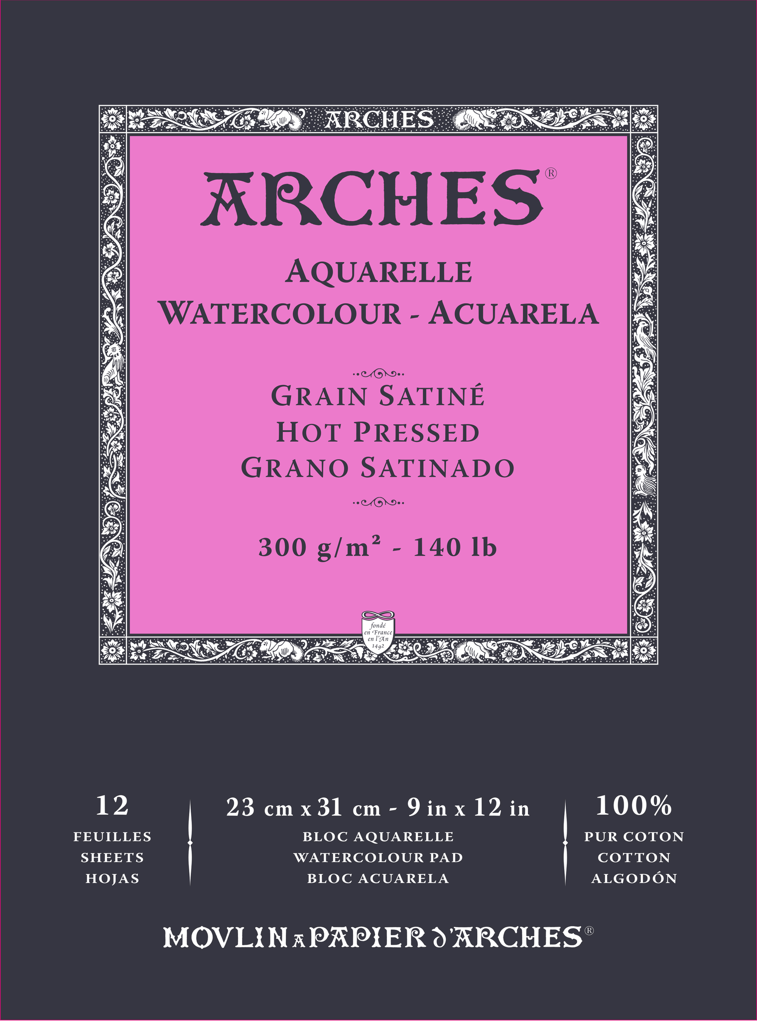 Arches 100% Cotton 300 gsm Watercolour Paper Hot Pressed Satine x 12 sheets