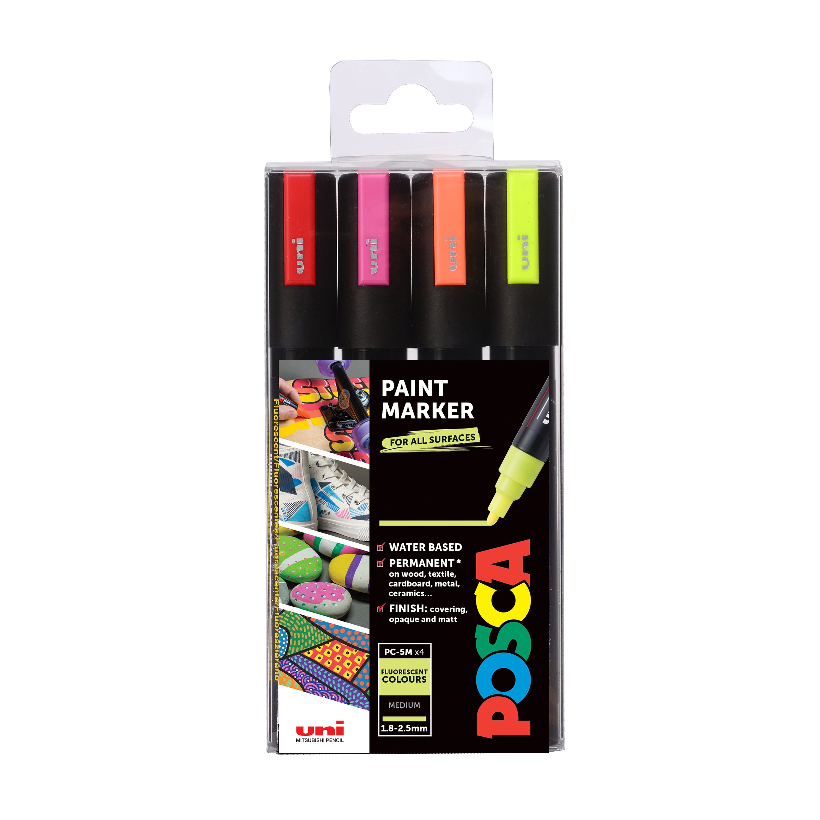 POSCA Medium Bullet tipped Marker Pens - Assorted Fluorescent Pack of 4 pens PC 5M