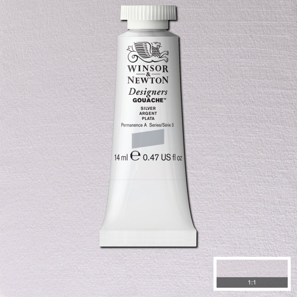 Winsor & Newton Designers Gouache paint 14 mls Silver is a unique colour which, due to its unusual combination of pigments, creates a metal sheen closely resembling that of silver.