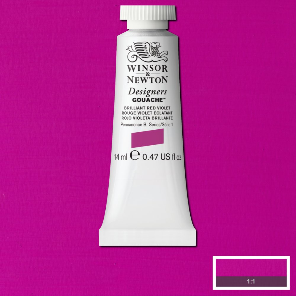 Winsor & Newton Designers Gouache paint 14 mls Brilliant Red Violet is a strong purple colour. It is a semi-opaque pigment with strong tinting qualities.
