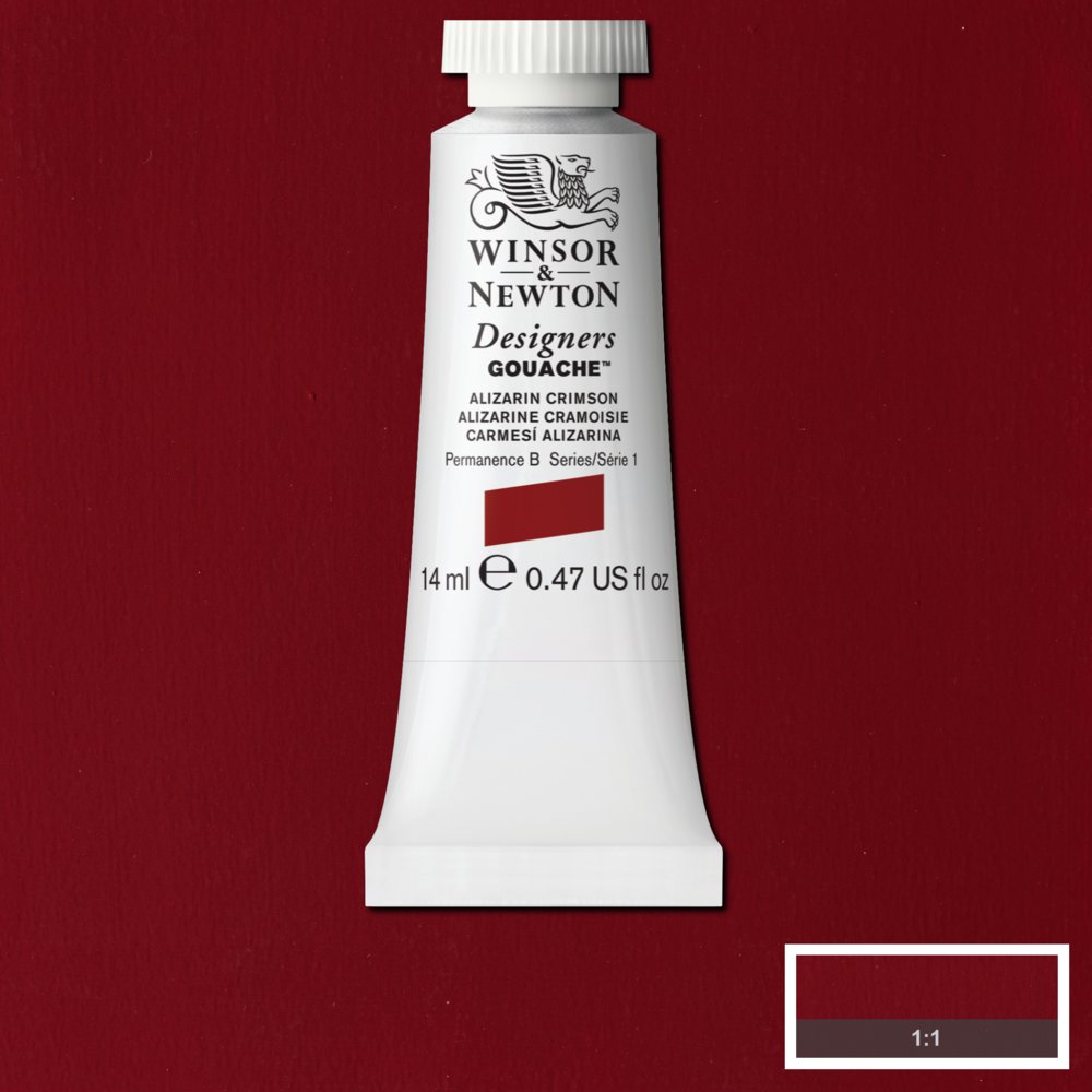 Winsor & Newton Designers Gouache paint 14 mls A synthetic lake pigment from the Madder plant, Alizarin Crimson was the first natural dye to be synthesised in 1868. It is a deep transparent red with a blueish undertone.