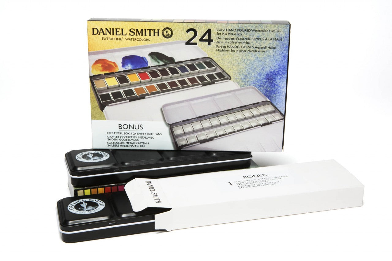 DANIEL SMITH Watercolour Paint Set of 24 half pans plus bonus 24 empty half pan box