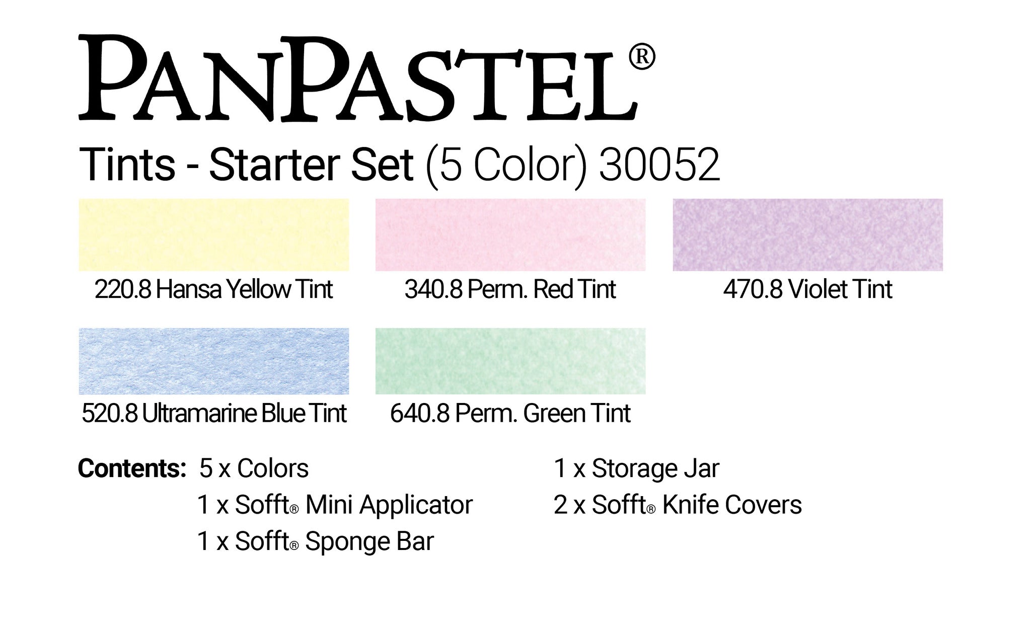 PanPastel 5 Colour Starter Set Tints 30052, soft pastel colours offer a gentle subtle veil of colour. Gorgeous selection of tints with a small selection of application and blending Sofft tools. 