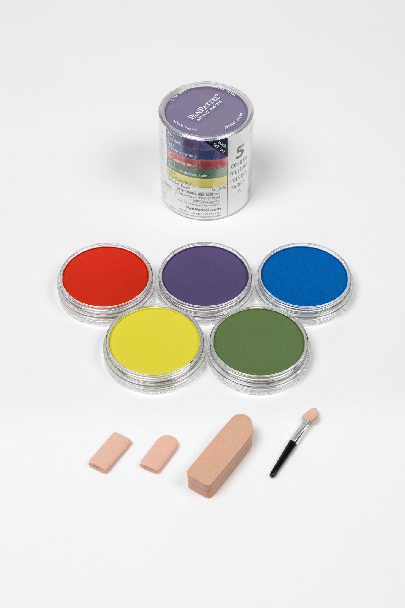 PanPastel 5 Colour Starter Set Shades 30053. PanPastel shade set, includes secondary  colours, perfect for backgrounds as well as creating highlights with Hansa Yellow, and shadows with beautiful greens, blues and red