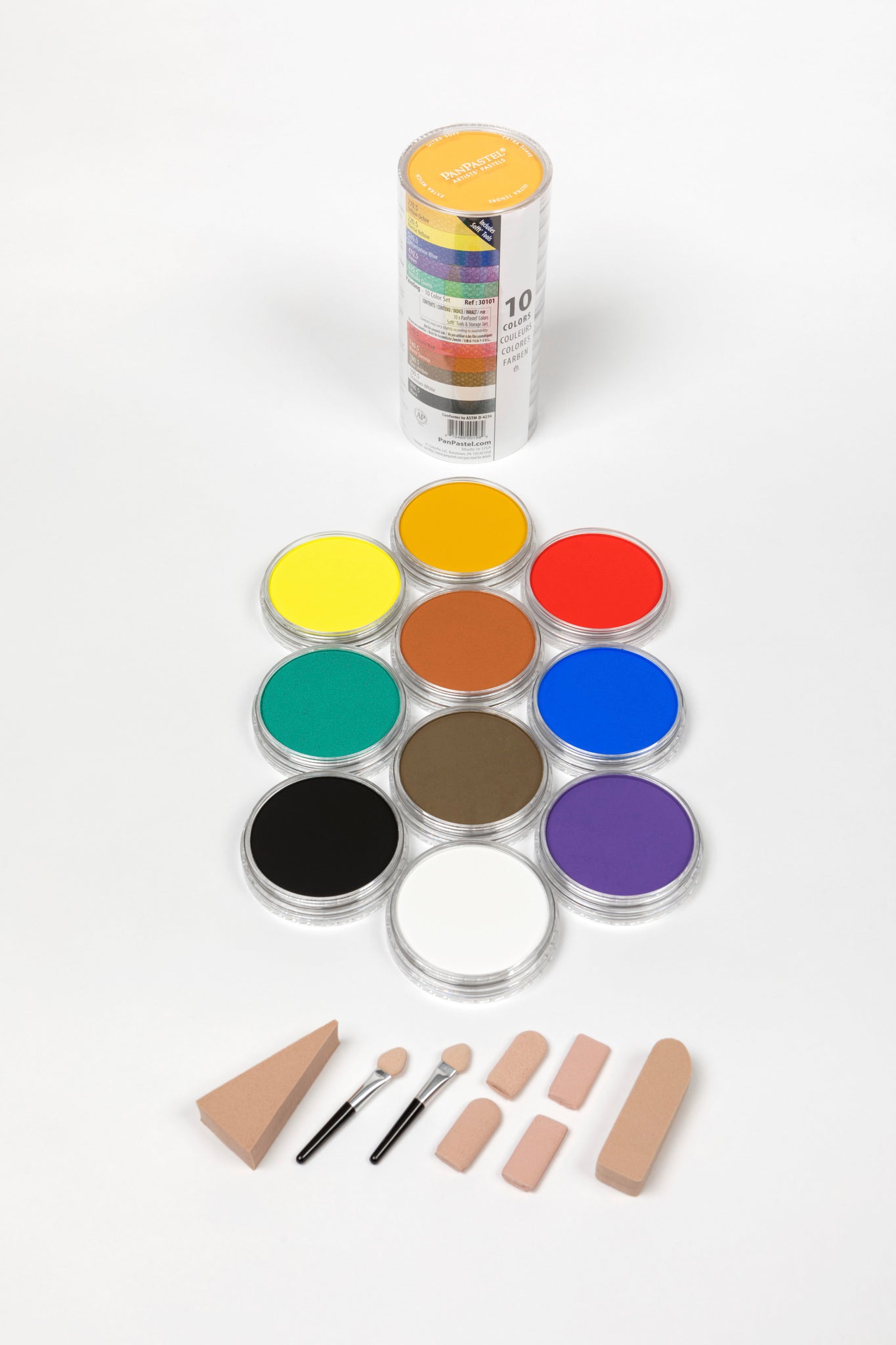 PanPastel 10 Colour Painting set 30101 & Sofft Tools, this is a great colour combination set, includes essential primary colours, plus black and white for tinting and tone, as well as a selection of complementary colours that work well for all subjects and backgrounds
