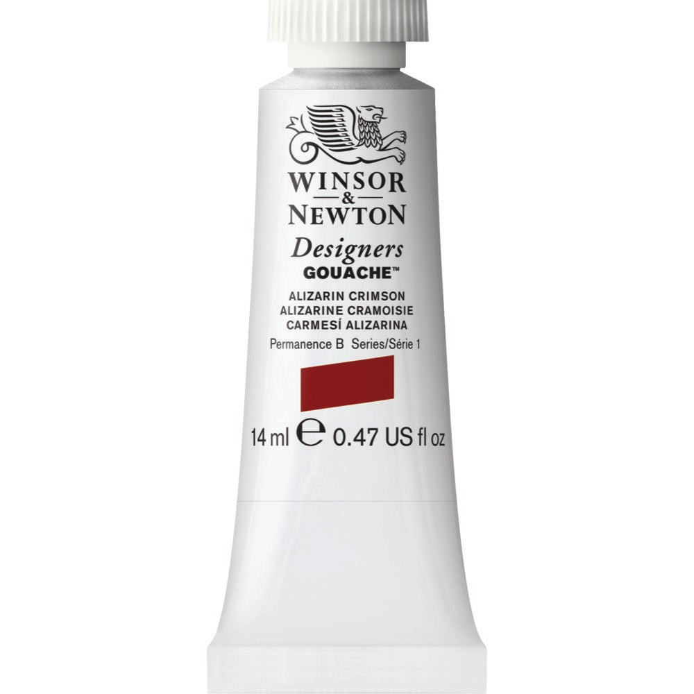 Winsor & Newton Designers Gouache paint 14 mls A synthetic lake pigment from the Madder plant, Alizarin Crimson was the first natural dye to be synthesised in 1868. It is a deep transparent red with a blueish undertone.