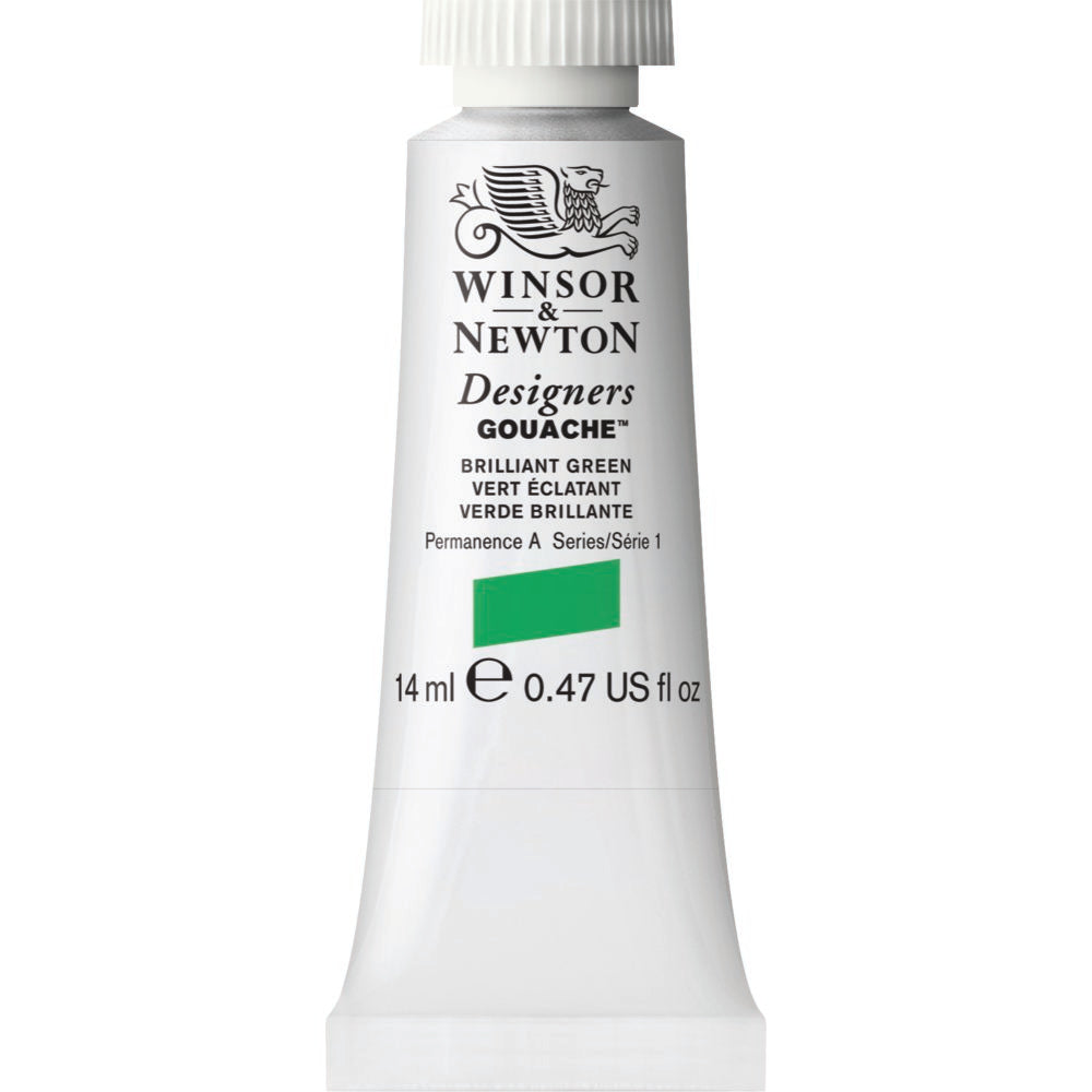 Winsor & Newton Designers Gouache paint 14 mls Brilliant Green is a strong green colour. It is an opaque pigment and has strong tinting qualities.