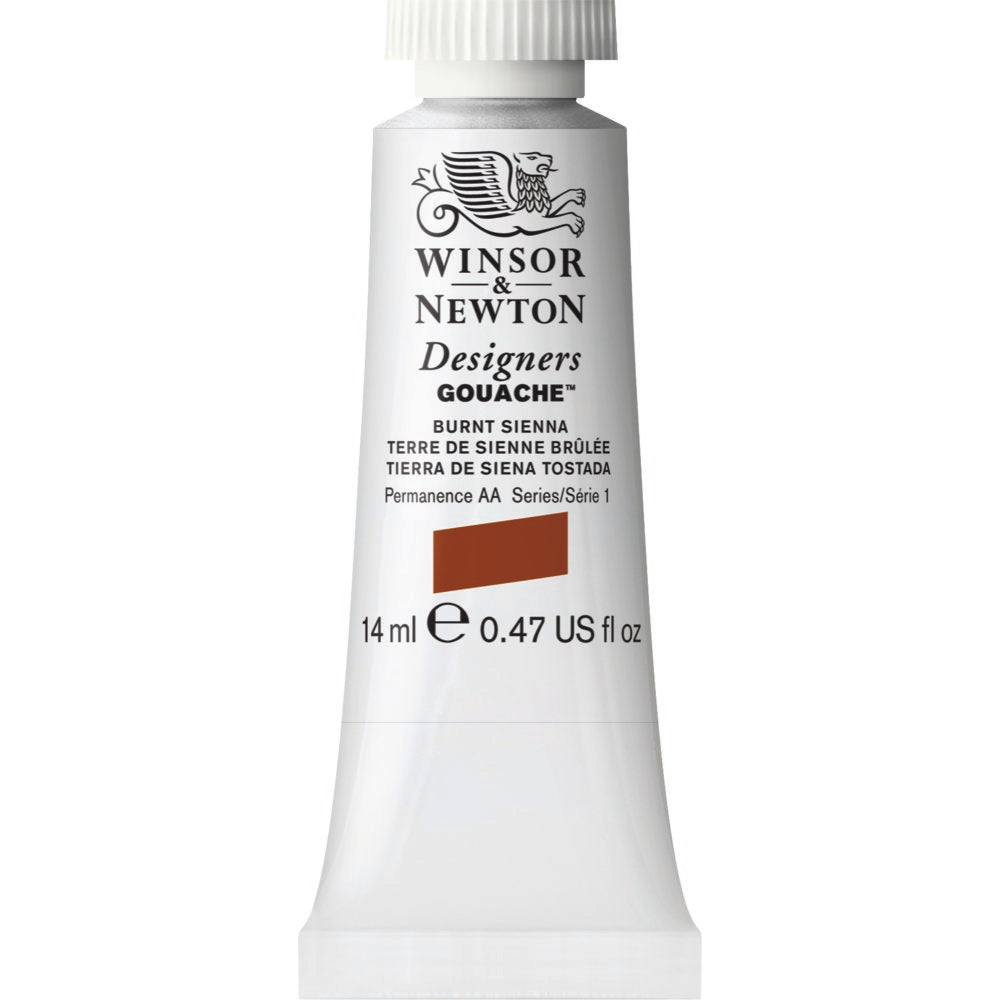 Winsor & Newton Designers Gouache paint 14 mls Burnt Sienna is a rich brown pigment made by burning Raw Sienna. Named after Siena in Italy, where the pigment was sourced during the Renaissance, it is a transparent pigment with red-brown tones.