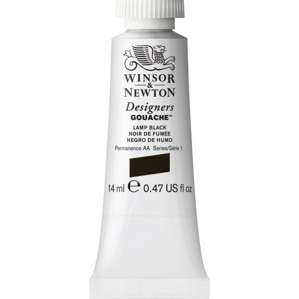 Winsor & Newton Designers Gouache paint 14 mls Lamp Black is one of the oldest pigments. It is made of pure carbon, originally from the residual soot of burnt oil lamps. It is a black with a bluish tint, producing a variety of cool blue greys.