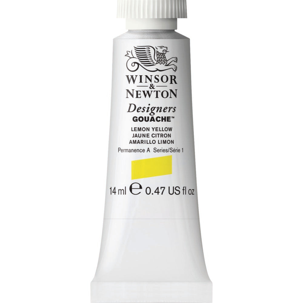 Winsor & Newton Designers Gouache paint 14 mls Lemon Yellow is a clear bright yellow colour. It is part of the Hansa pigments which were discovered in the early 1900s in Germany by the Hoechst company.