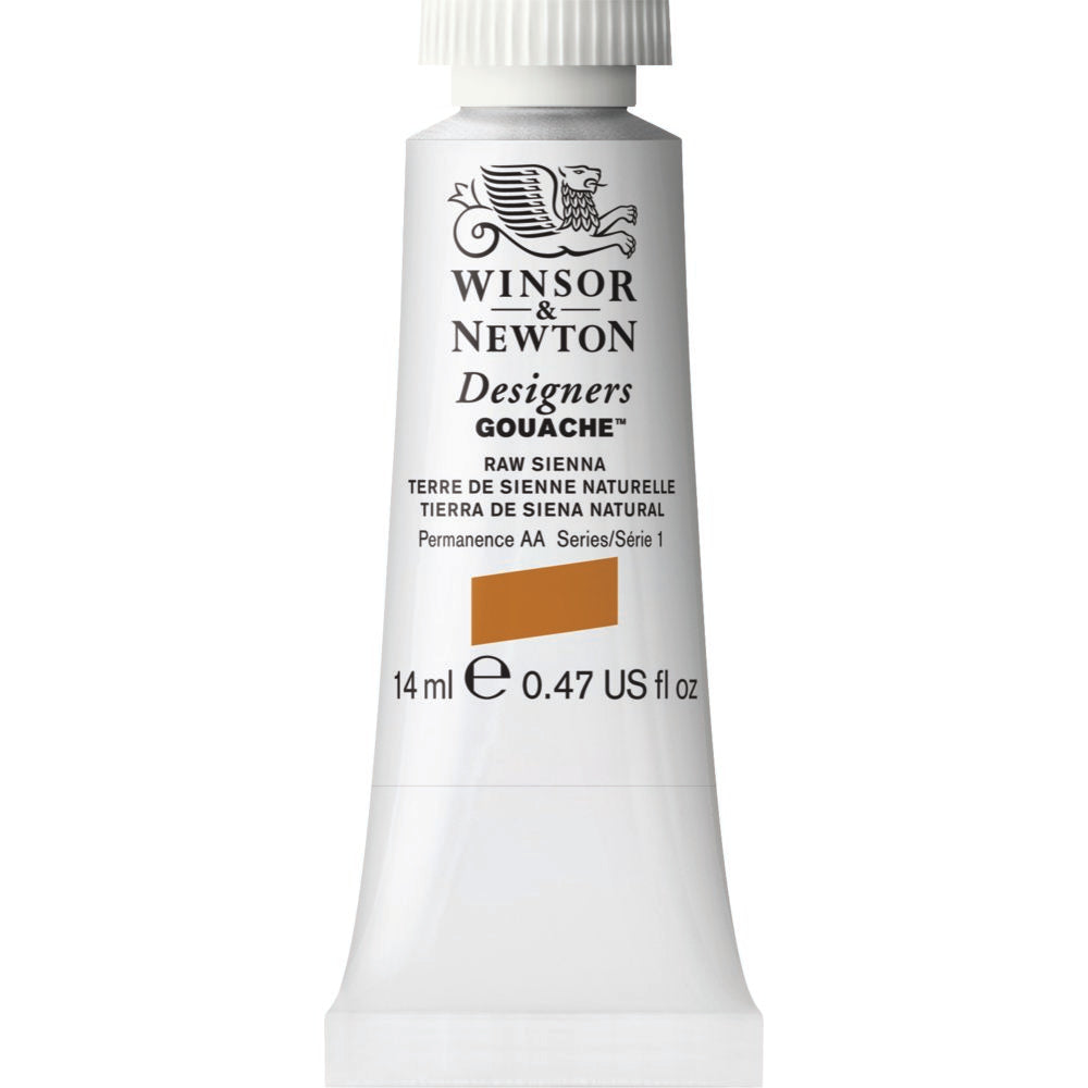 Winsor & Newton Designers Gouache paint 14 mls Raw Sienna is a bright brown pigment. One of the oldest pigments, it can be found in prehistoric cave art. It is named after Siena, Italy where the pigment was sourced during the Renaissance.