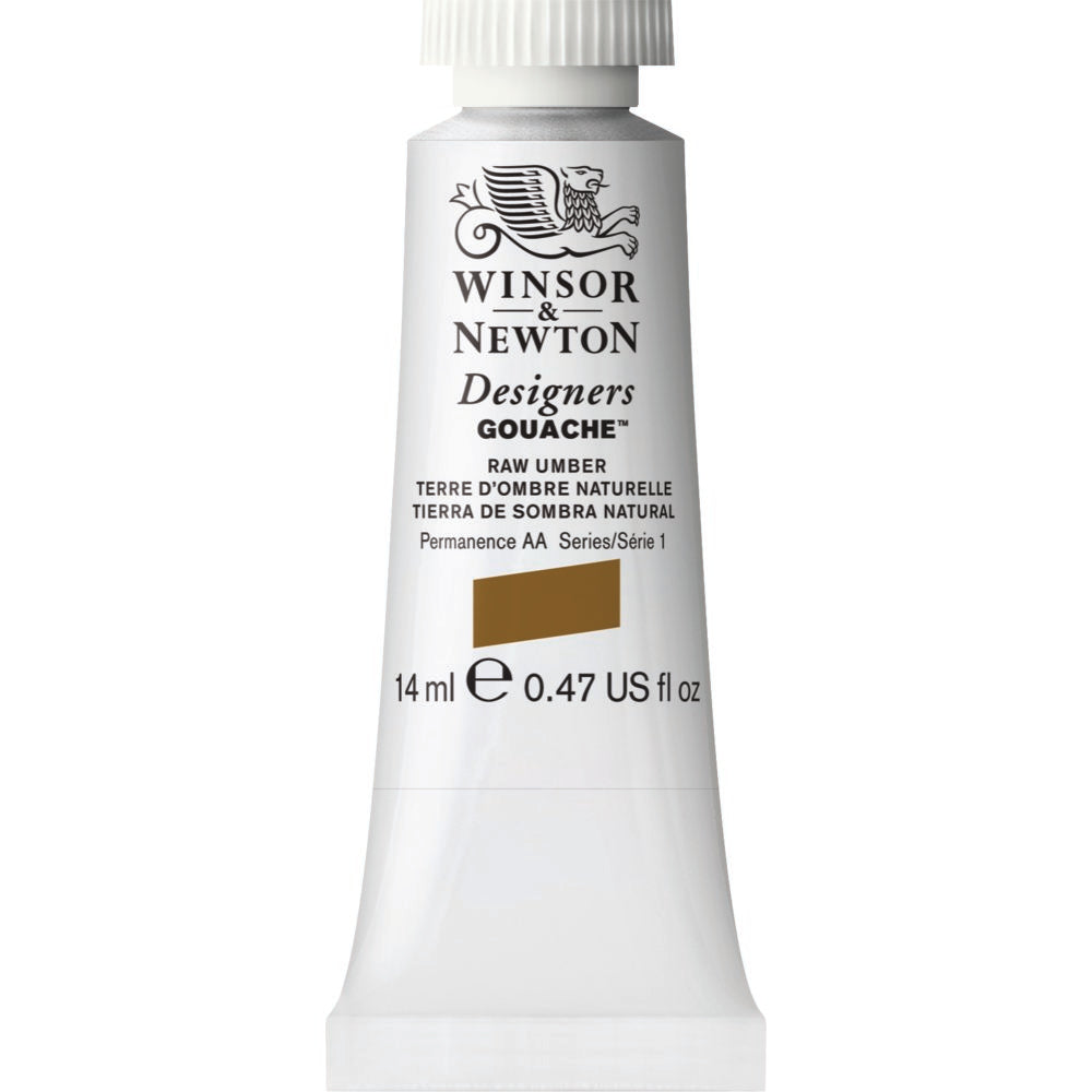 Winsor & Newton Designers Gouache paint 14 mls Raw Umber is a rich brown pigment made by the natural brown clays found in earth. It was named after Umbria, a region in Italy where it was mined.