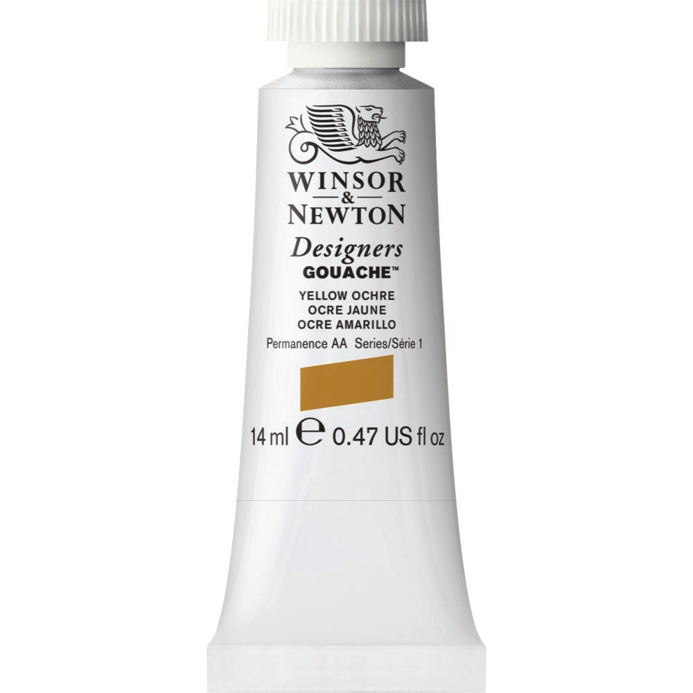 Winsor & Newton Designers Gouache paint 14 mls Yellow Ochre is a warm yellow colour. Originally made from natural iron oxides found in earth, it is one of the oldest pigments used by mankind. A synthetic version became available in the 1920s.