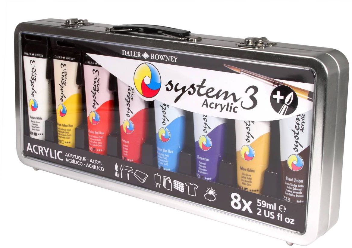 Daler Rowney : System 3 Acrylic Paint Set: Suitcase 8 x 59ml & Brush