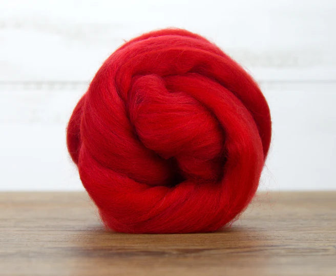 World of Wool Merino 23mic Wool Top Bright Scarlet Red 100g