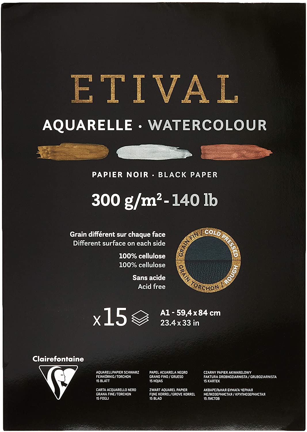 Étival-Clairefontaine Watercolour Black Paper 300gsm Cold Press A4 15 Sheets Black