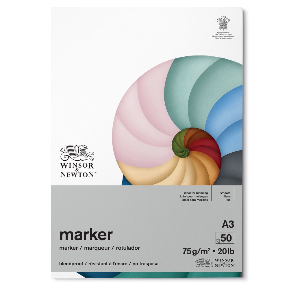 Winsor & Newton Marker Marker pad 75 gsm 50 sheets A3. This is the perfect surface, to use with Winsor & Newton Promarkers. Paper is coated on one side for superior performance, to ensure rich, vibrant colours and precise lines whilst using marker pens. For heavy colour letdown, we advise a protective sheet to avoid transfer on to the paper below. 