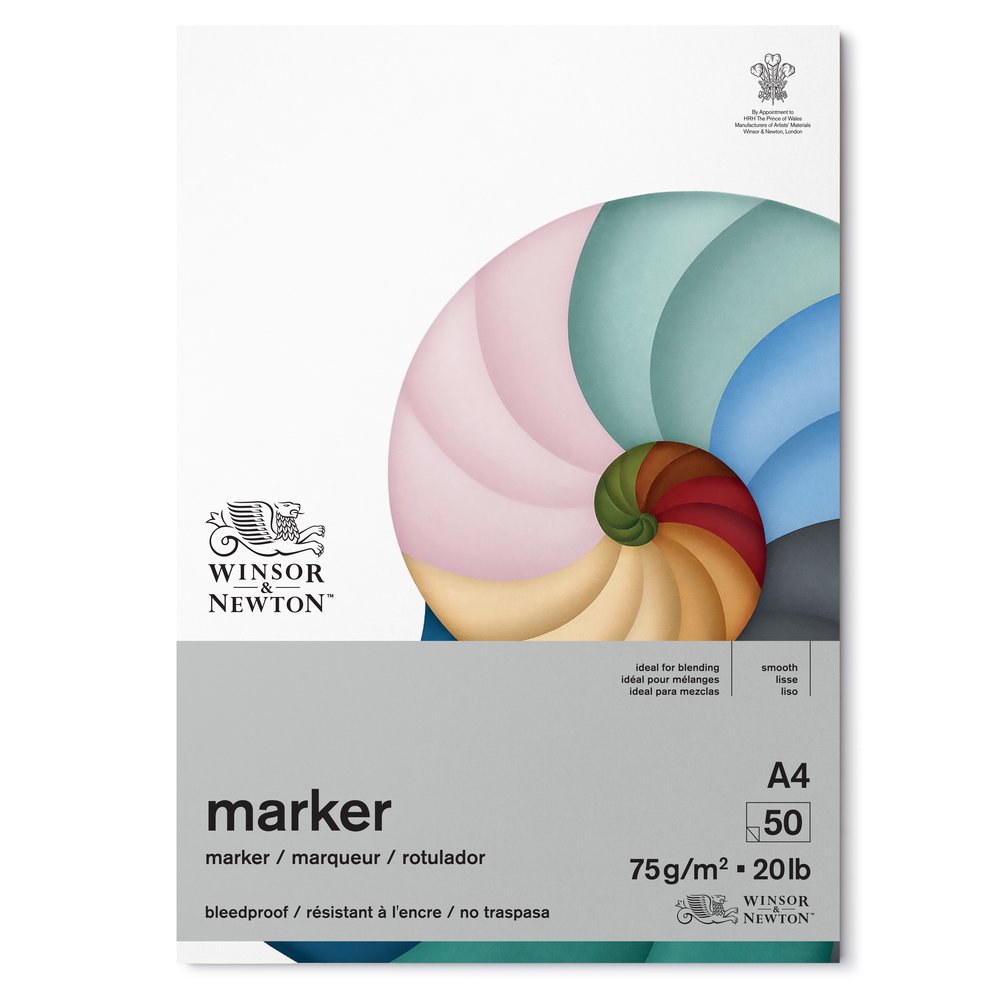 Winsor & Newton Marker Marker pad 75 gsm 50 sheets A4. This is the perfect surface, to use with Winsor & Newton Promarkers. Paper is coated on one side for superior performance, to ensure rich, vibrant colours and precise lines whilst using marker pens. For heavy colour letdown, we advise a protective sheet to avoid transfer on to the paper below. 