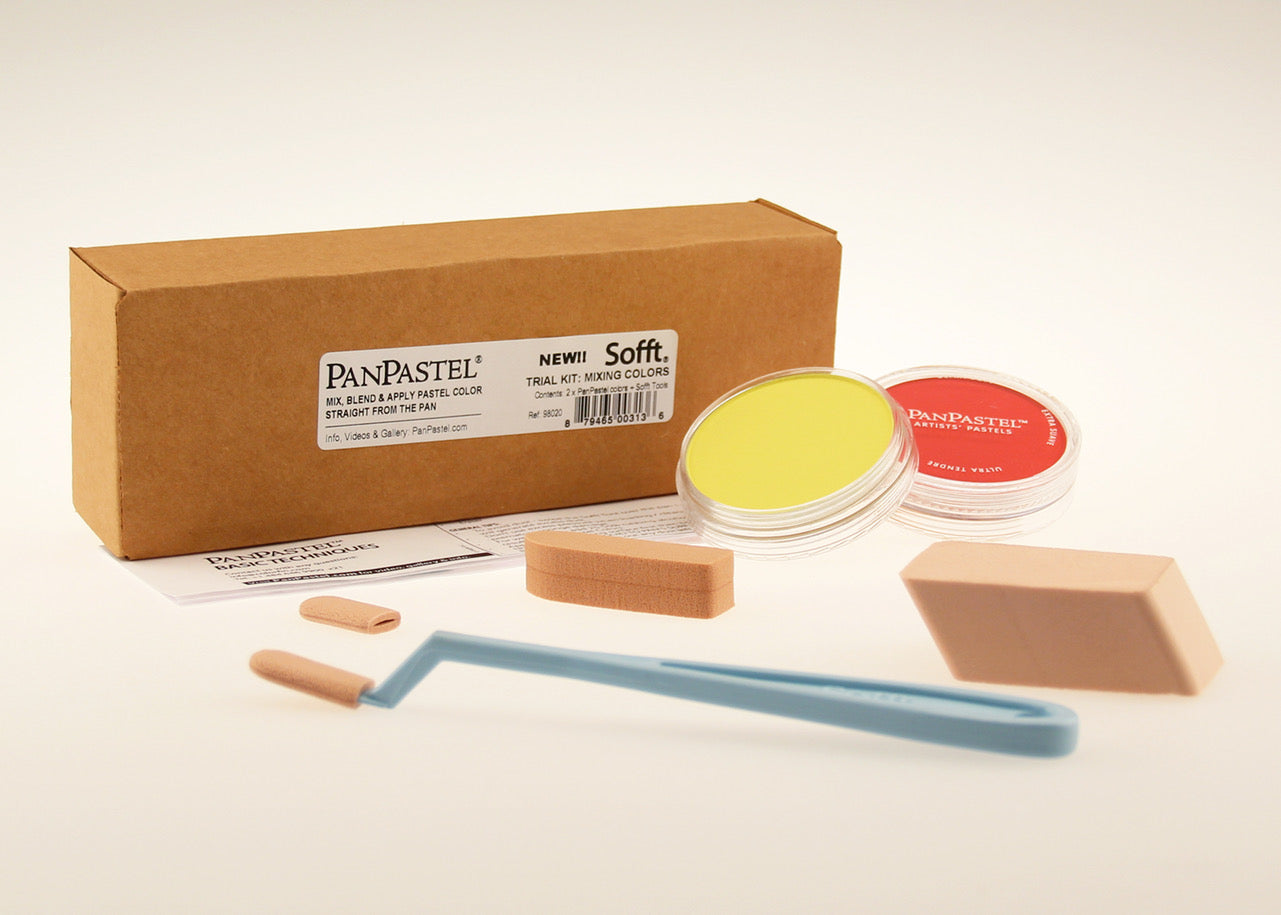 PanPastel trial kit, a perfect way to try PanPastel pans with two complementary colours and a selection of Sofft tools. Includes yellow and red stacking pans.