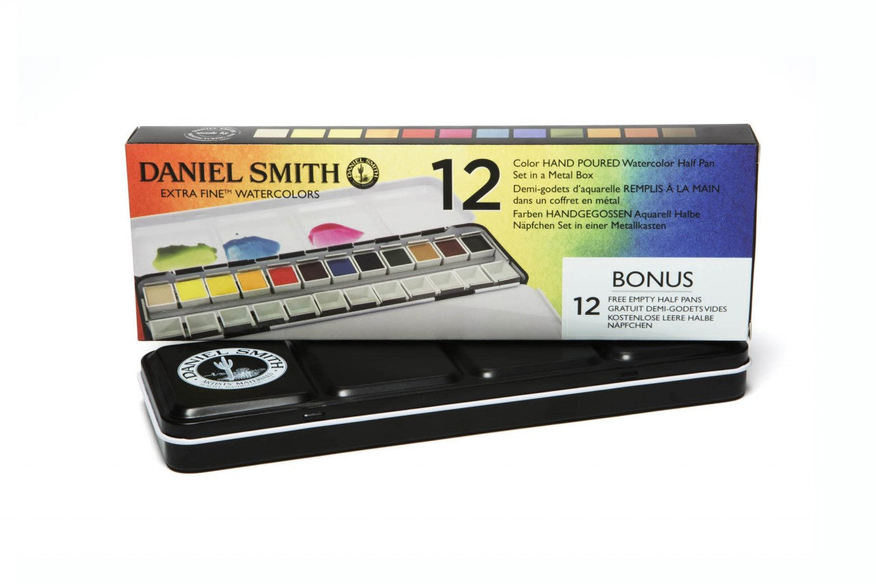 DANIEL SMITH Watercolour Paint Set of 12 half pans plus bonus 12 empty half pans 