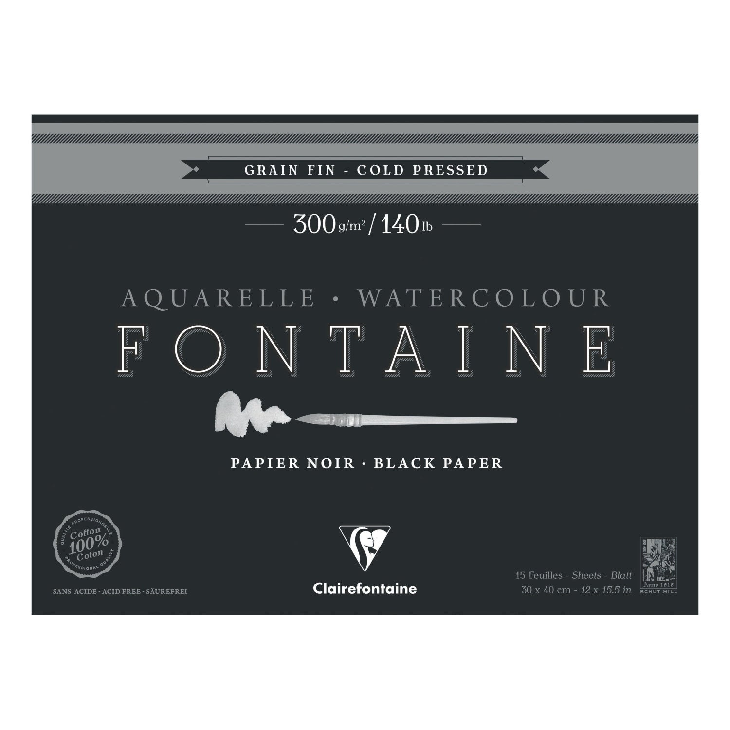 Fontaine 100 % Cotton : Clairefontaine Watercolour : Black Paper 300gsm  : Cold Press : 7 x 10 " ( 18 x 26 cm) : 15 Sheets Black