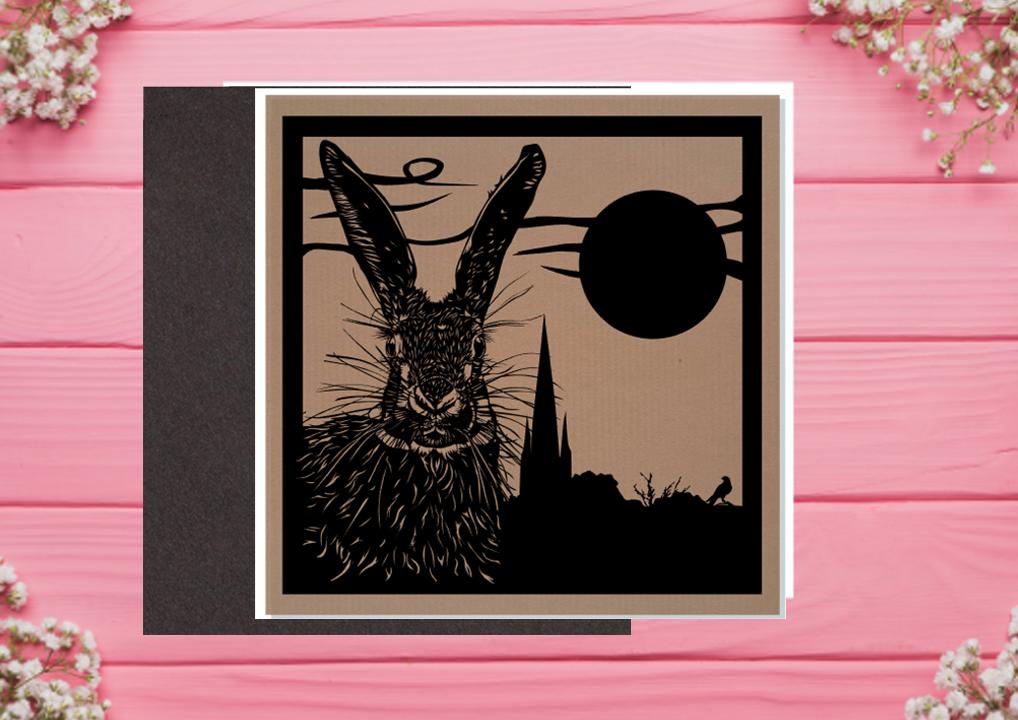 Greetings Card  by PaperStory  Hare "Guardian of the City" : Printed on brown craft card - 0