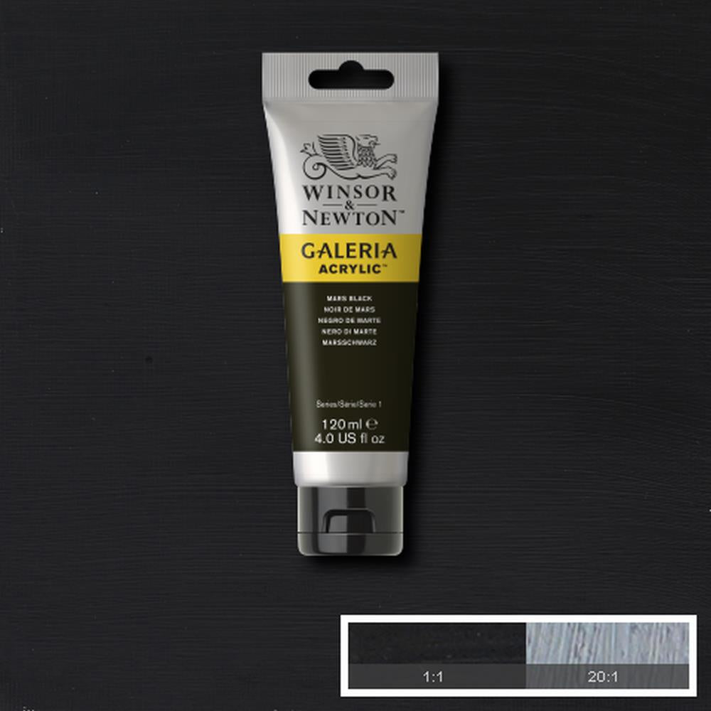 Winsor & Newton Galeria Acrylic Mars Black 120ml. A heavy opaque pigment, Mars Black is a dense black colour with a brown undertone. It is made from mineral iron oxide and was therefore named after the alchemical name for iron