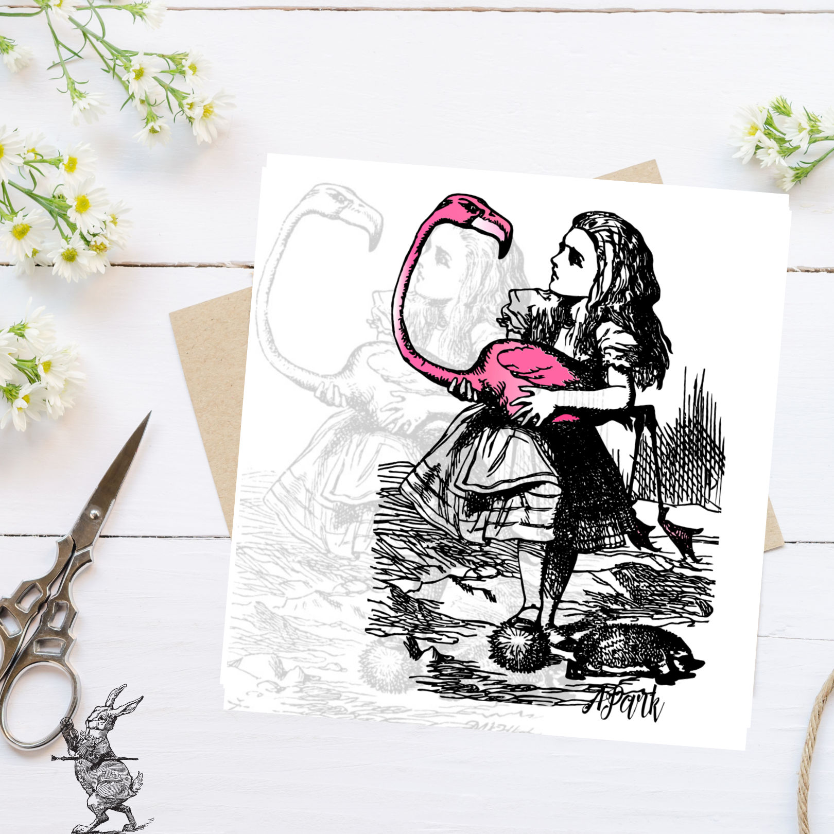 Greetings Card by PaperStory Alice in Wonderland Flamingo