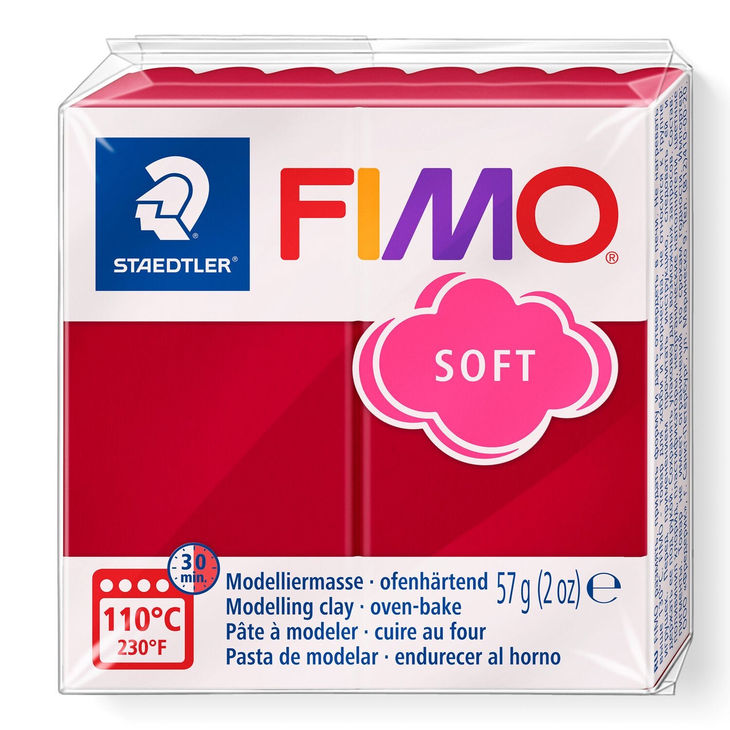 FIMO Soft Clay 57g 8020-26 Cherry Red  Simply cut, shape or blend then bake in a conventional oven at 110 degrees for 30 minutes.