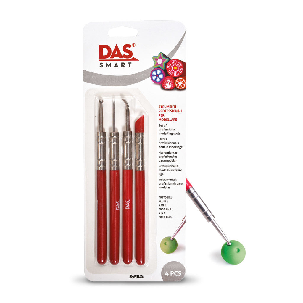 NEW modelling tools from DAS. This fabulous modelling and sculpting set, includes a selection four professional sculpting tools. Includes a ball tool, scribe, shaper and sculpting tool. Easy to clean with painted wooden handle, perfect for air-dry and polymer clay. 
