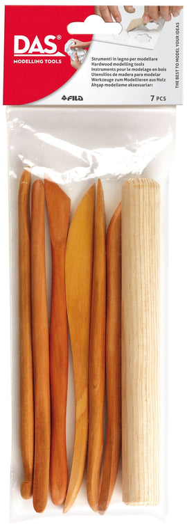 Hardwood clay tools set of 7. This fabulous modelling and sculpting set, includes a selection of six double ended hardwood tools and wooden rolling pin. Use with modelling clay and sculpting. Great value set from a well respected brand.