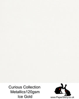 Curious Collection Metallics Pearlescent 120 gsm paper Ice Gold white glimmer, paper which offers a beautiful shimmering finish. White with a hint of shimmering gold, when the light catches the paper, the colour shifts from white to gold. This unique metallic paper is unlike any other metallic shimmer surface