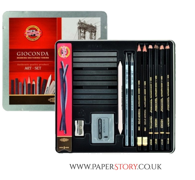 Drawing Set from Koh-I-Noor, has cling wrap, with storage tin, contents include a mix of graphite and charcoal, 23 pieces in total.