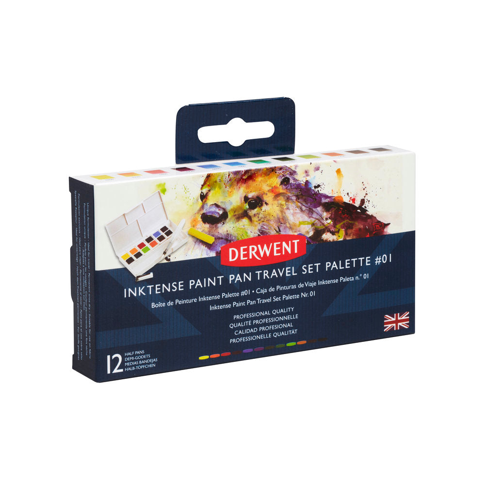 The Derwent Inktense Paint Pan Travel Set with Otter image on the front, contains the unique Inktense formulation found in Derwent pencil and block ranges. Unlike traditional watercolour, washes of vivid paint can be applied without dissolving previously dried layers. Can be used on paper, and also fabric.