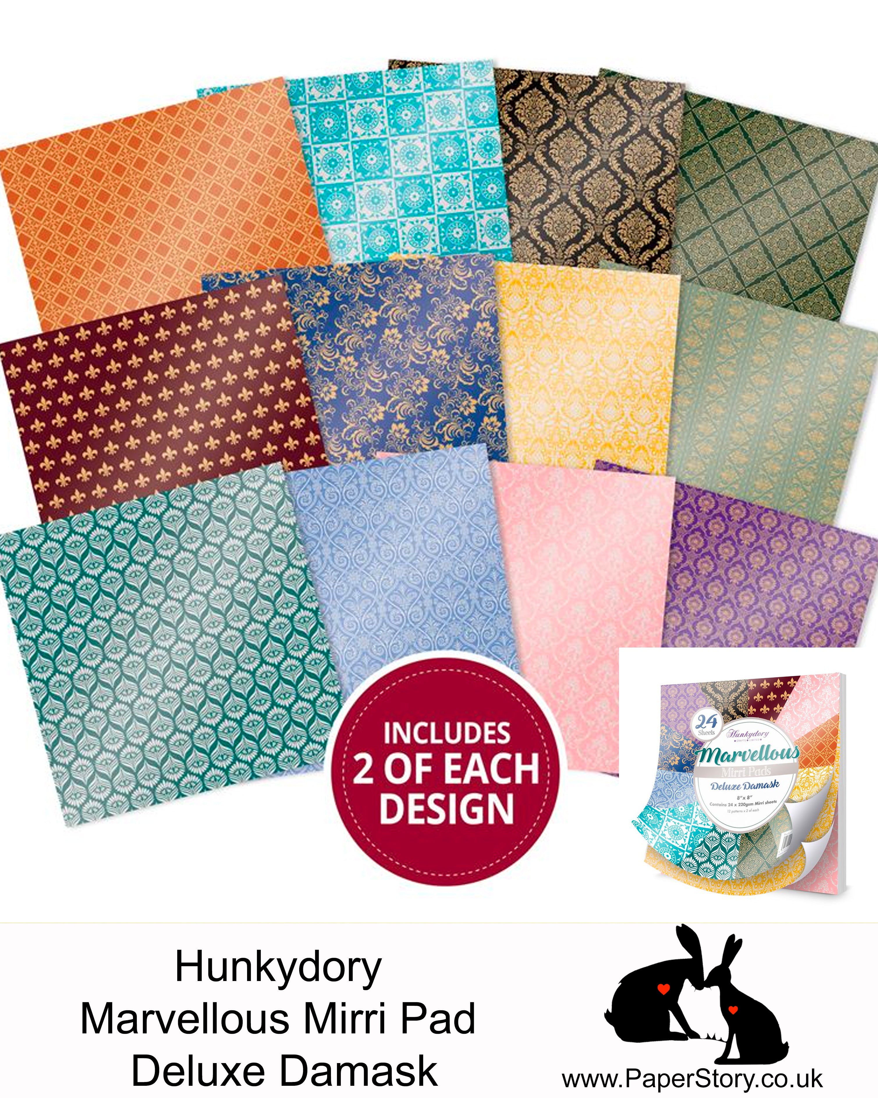 Hunkydory Mirri Cards 220 gsm  Deluxe Damask 8x8 inches x 24 sheets