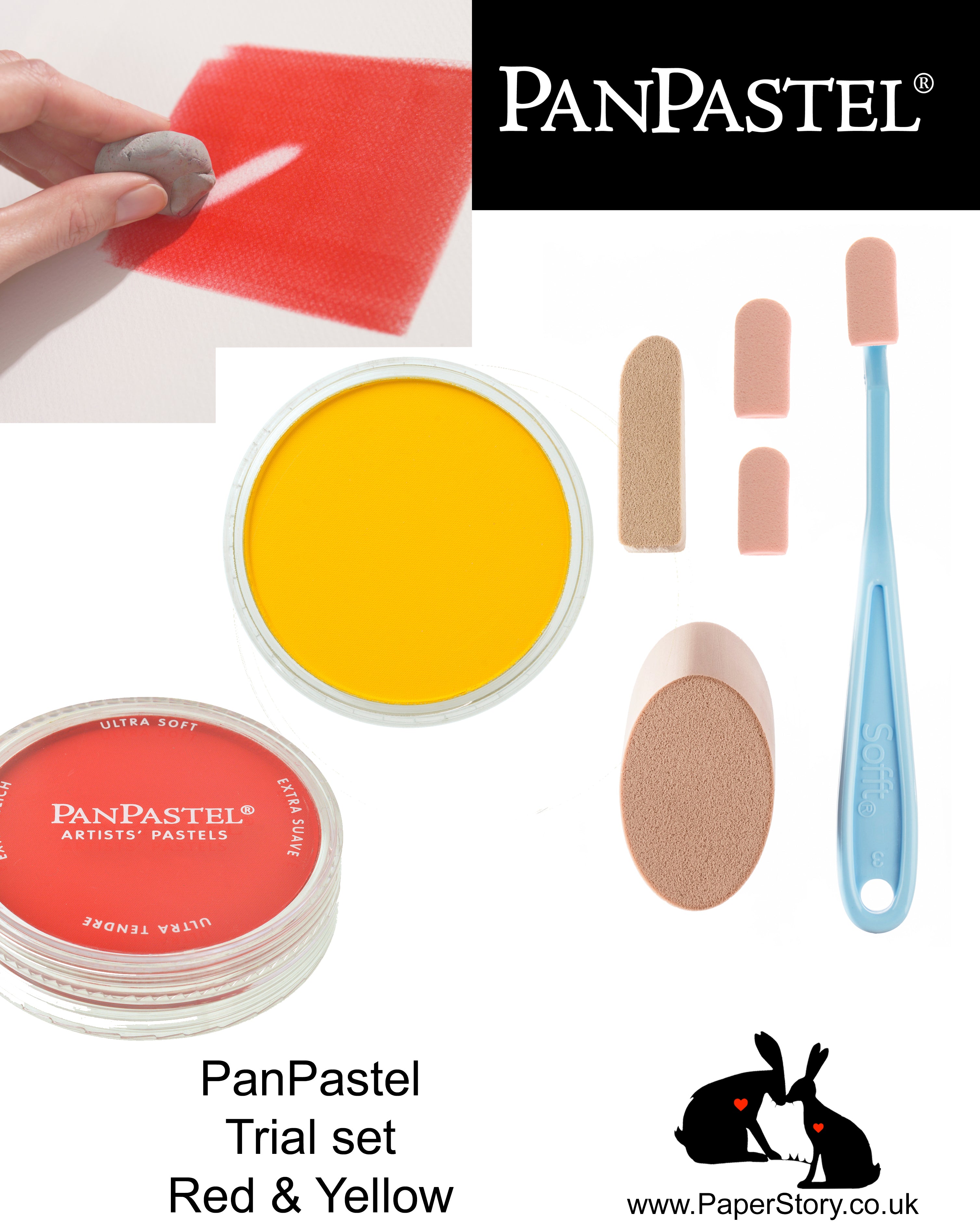PanPastel trial kit, a perfect way to try PanPastel pans with two complementary colours and a selection of Sofft tools. Includes yellow and red stacking pans.