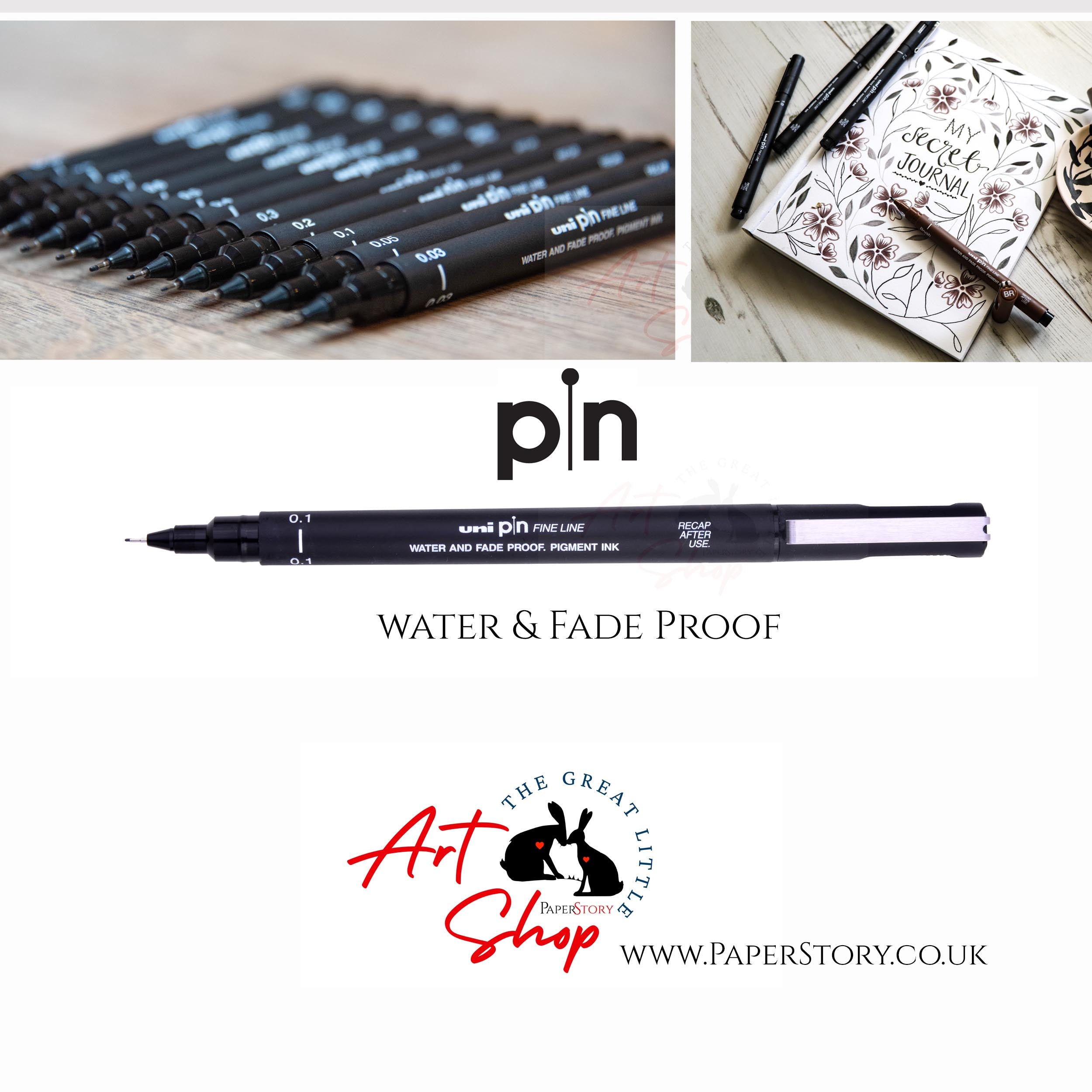 Uni Pin Fineliner Drawing Pen Set of 5 0.3mm, 1.2mm & Brush Nib 3