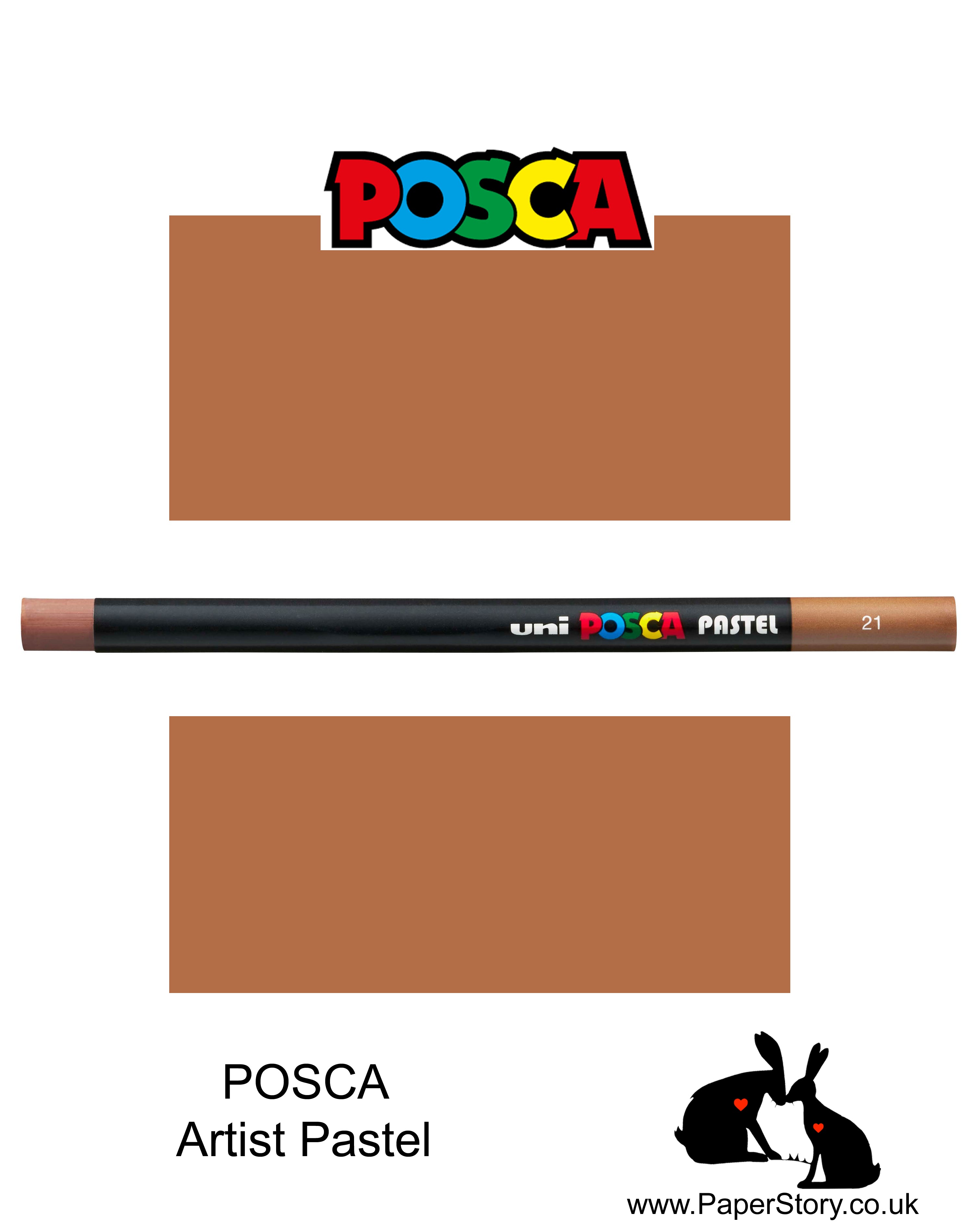 New Uni POSCA Pastel colours, Brown. These  new style wax and oil mixed pastel colours can be blended and overlaid, you can stipple, colour block, cross-hatch, scratch and outline. You can heat the sticks to create textured effects.