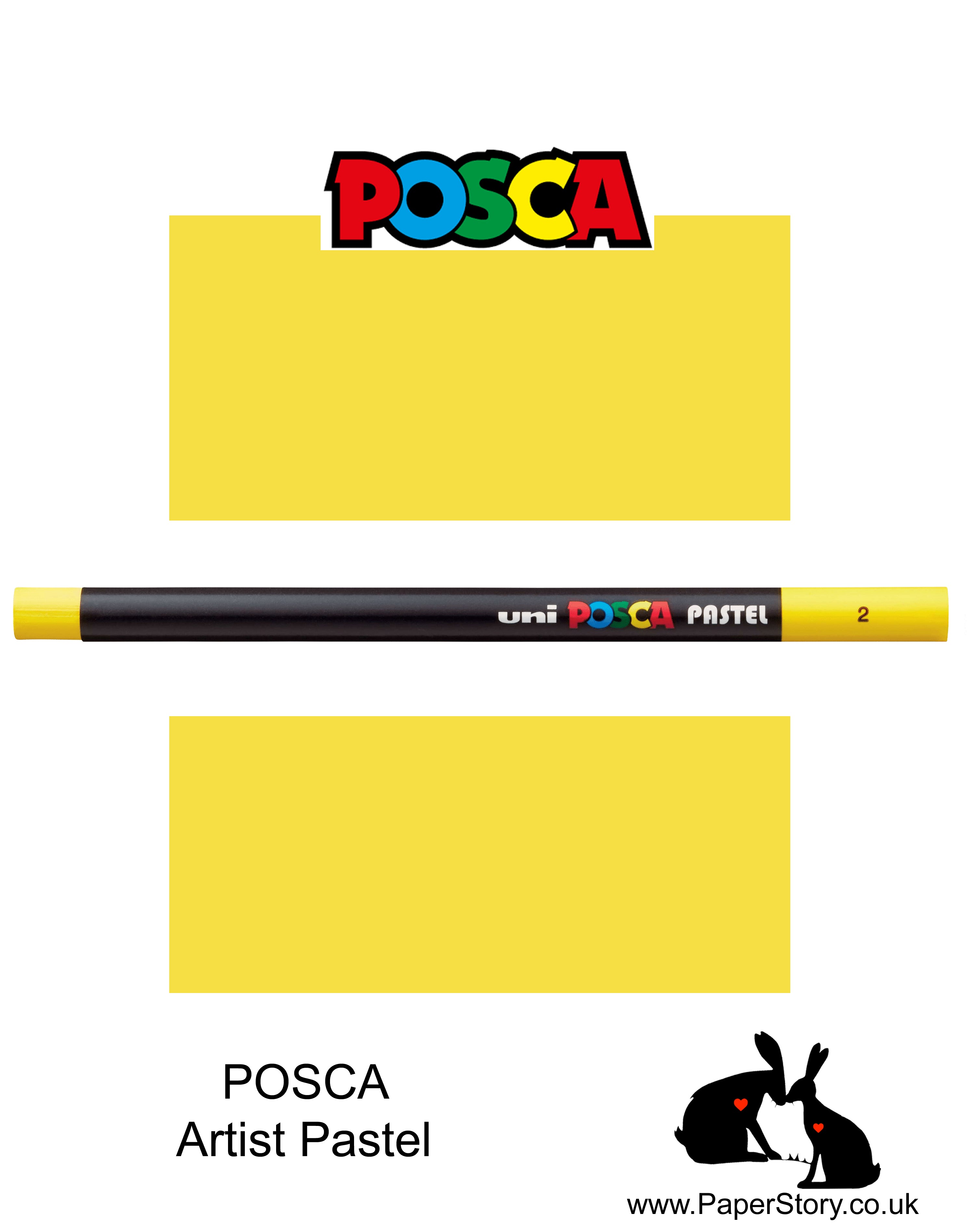 New Uni POSCA colour Pastels Bright Yellow, Colours can be blended and overlaid, you can stipple, colour block, cross-hatch, scratch and outline. You can heat the sticks to create textured effects.