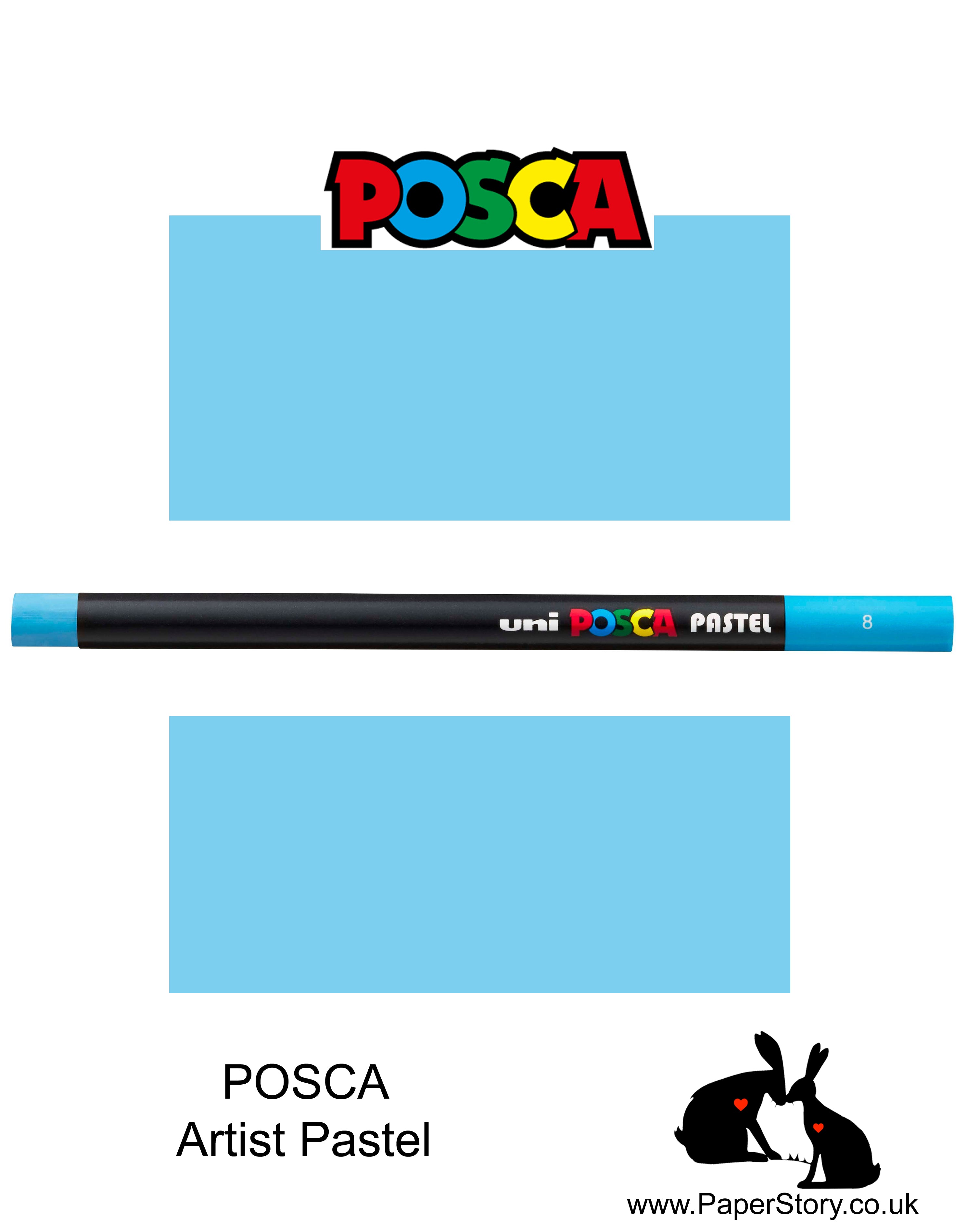 New Uni POSCA Pastels, Light Blue colour, these  new style wax and oil mixed pastel colours can be blended and overlaid, you can stipple, colour block, cross-hatch, scratch and outline. You can heat the sticks to create textured effects.