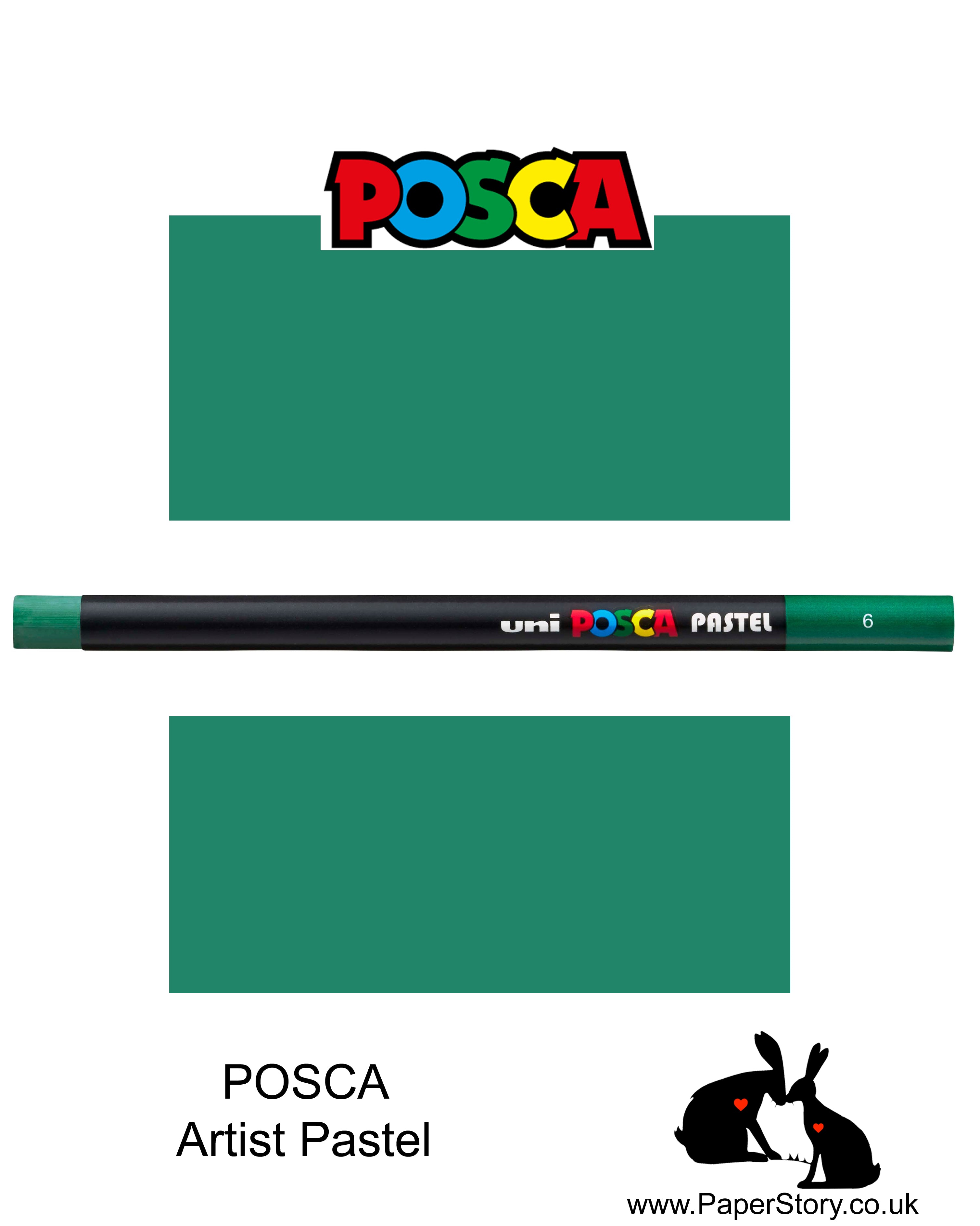 New Uni POSCA Pastels,Green colour these  new style wax and oil mixed pastel colours can be blended and overlaid, you can stipple, colour block, cross-hatch, scratch and outline. You can heat the sticks to create textured effects.