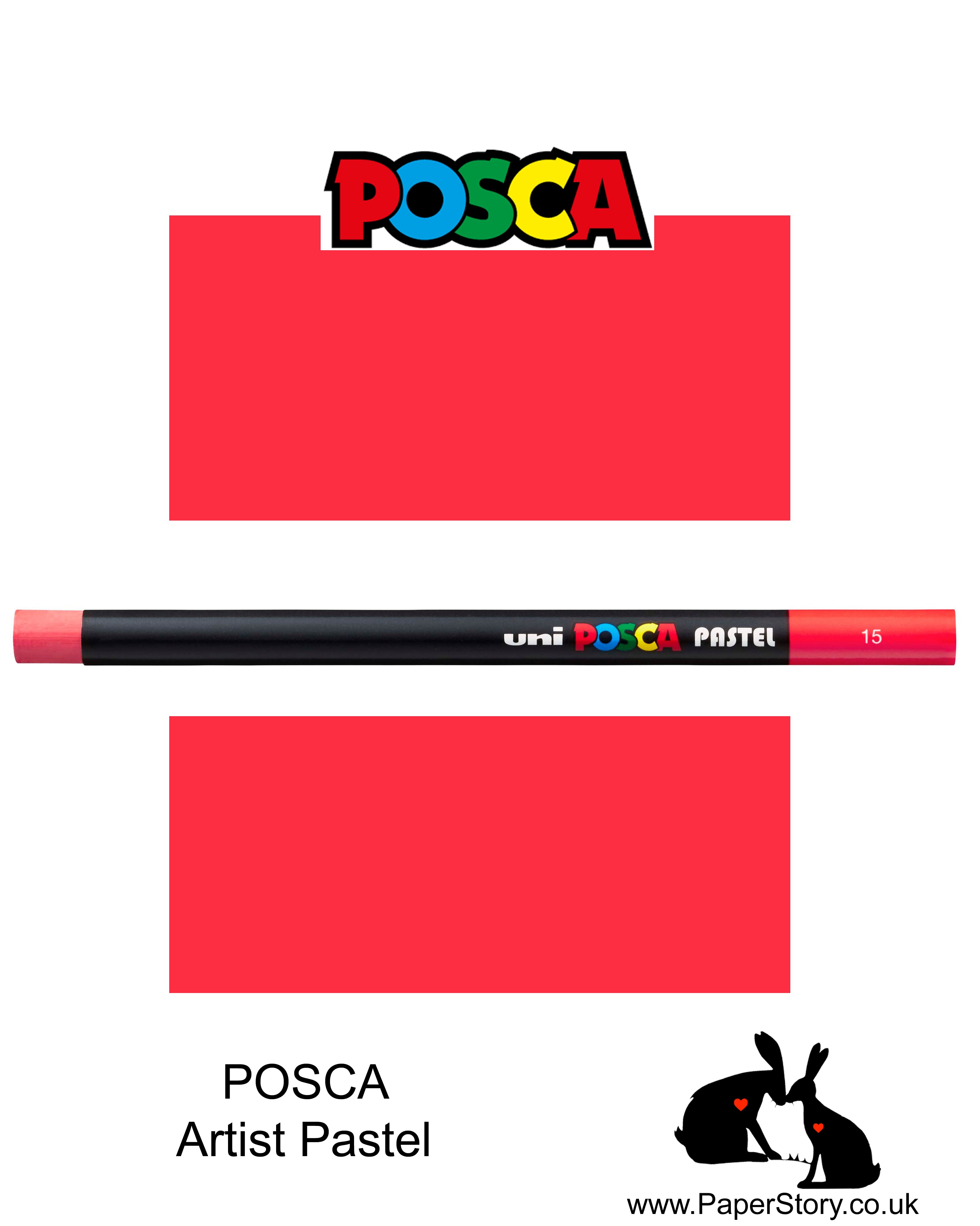 New Uni POSCA Pastel colours, Primary Red colour. These  new style wax and oil mixed pastel colours can be blended and overlaid, you can stipple, colour block, cross-hatch, scratch and outline. You can heat the sticks to create textured effects.