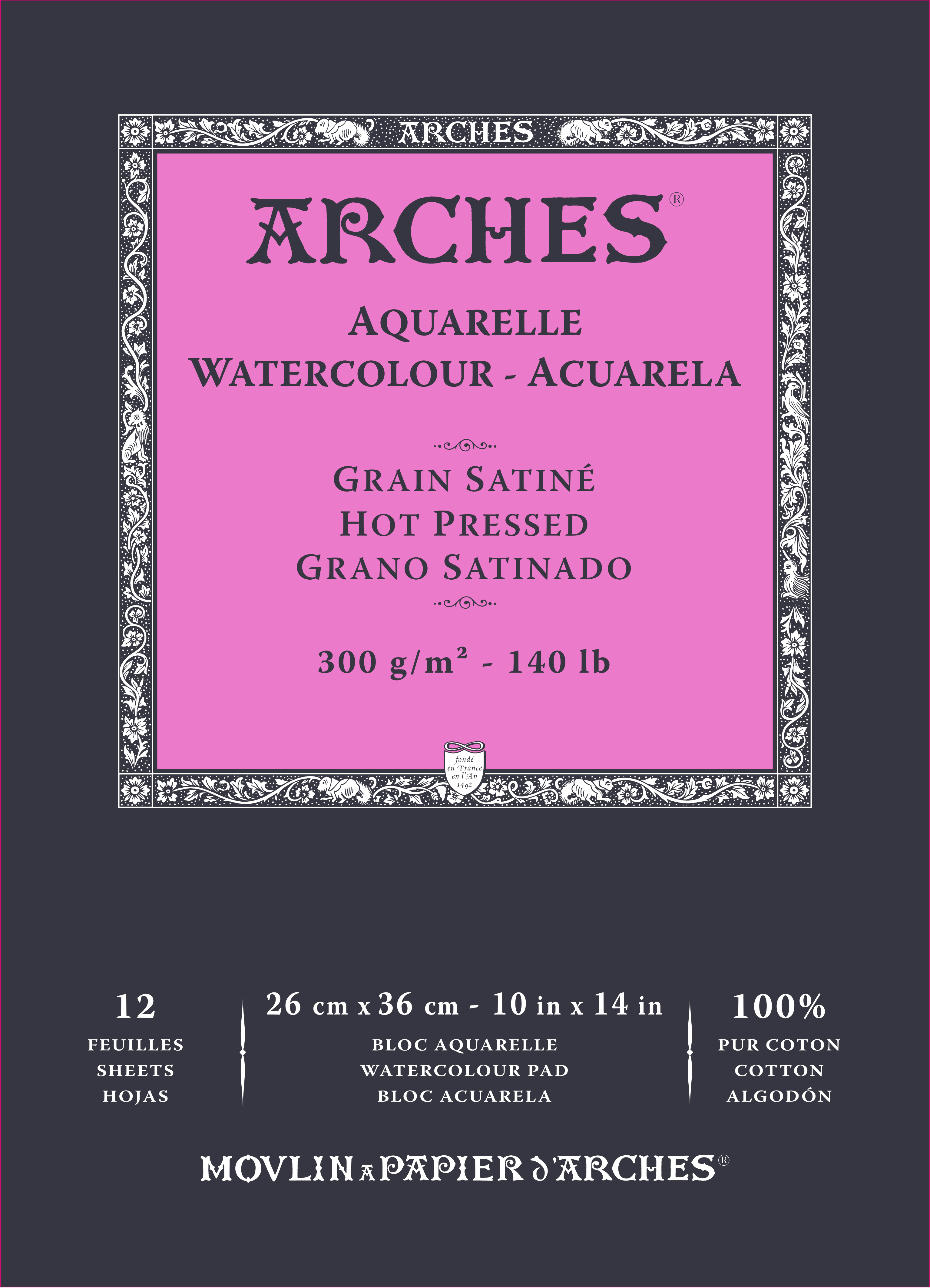 Arches 100% Cotton 300 gsm Watercolour Paper Hot Pressed Satine 26 x 36 cm (10 x 14")