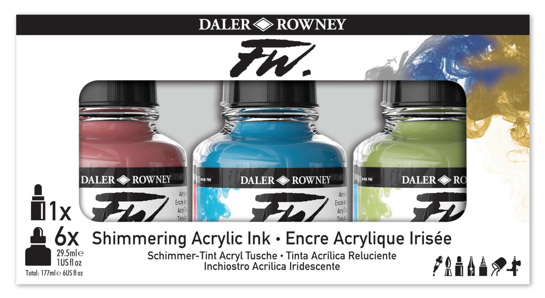 The Daler-Rowney FW Ink Shimmering  opalescent interference paints. Colours Set brings you six 29.5ml bottles of this acrylic-based ink in primary colours. Includes 6 x 29.5ml bottles of FW inks in a set. colours: 711, 713, 714, 709, 454, 028