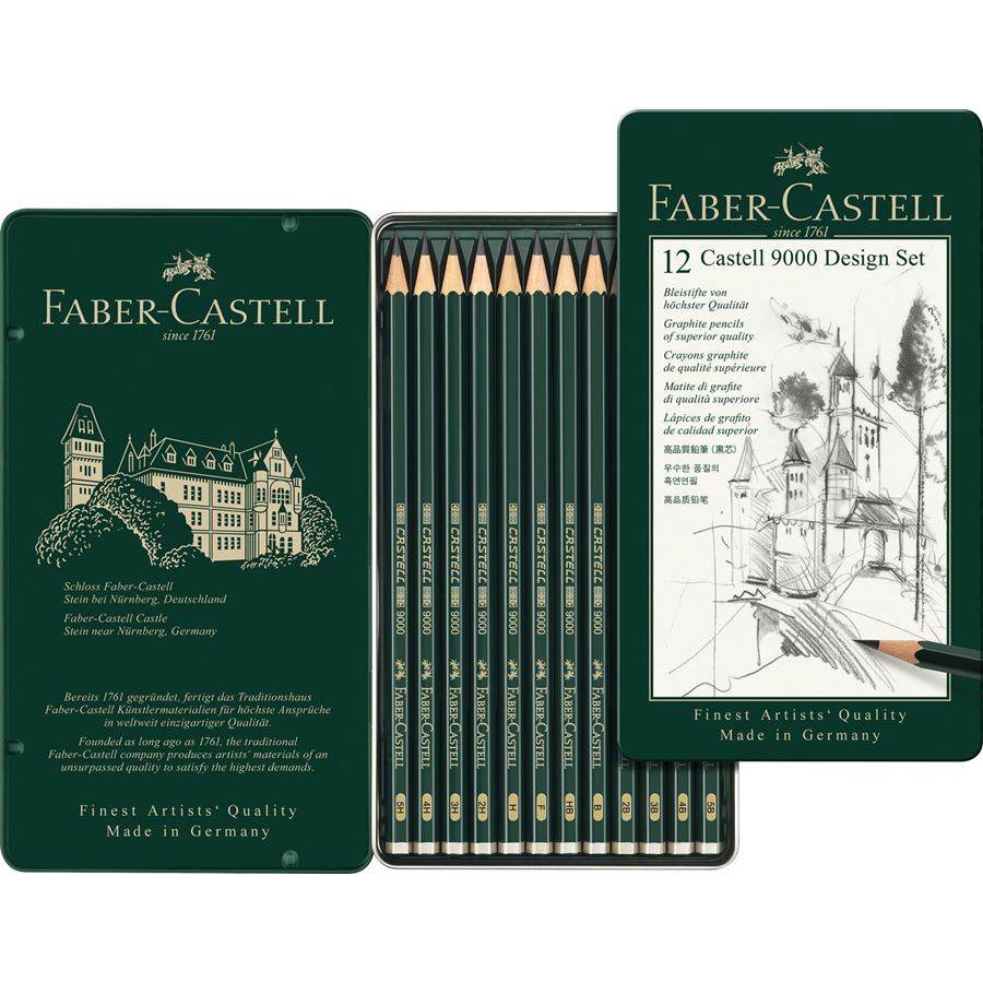 Faber-Castell 9000 graphite pencil set in a tin, featuring a full range of grades for artists and illustrators