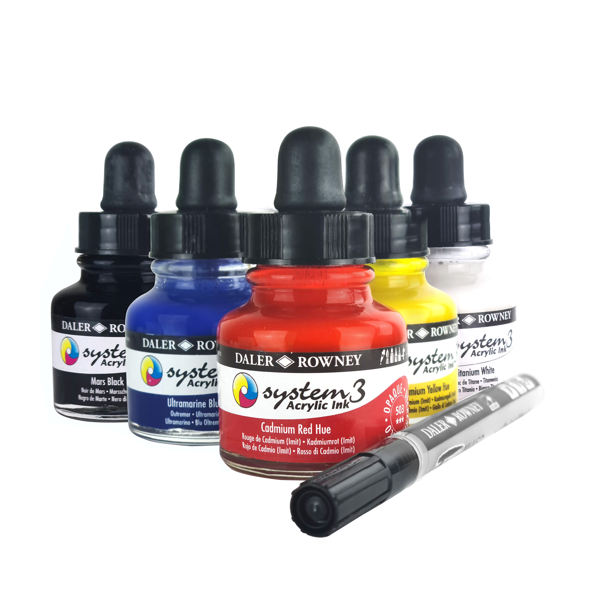 system 3 acrylic ink bottles in a selection of vibrant colours