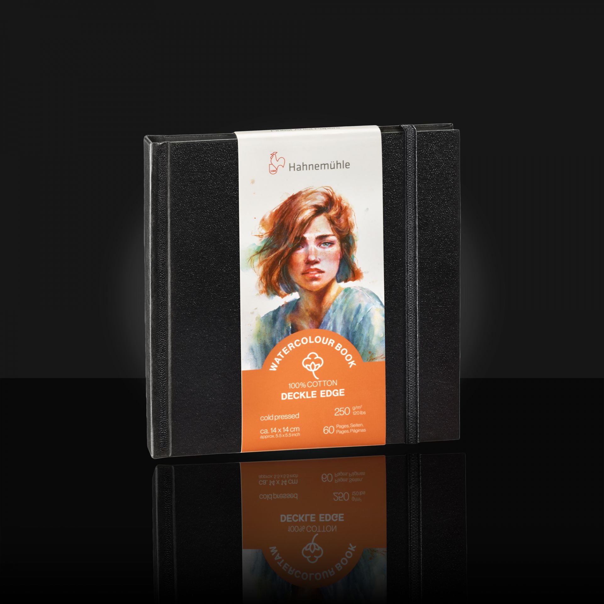 Hahnemähle watercolor book with a portrait on the cover against a black background