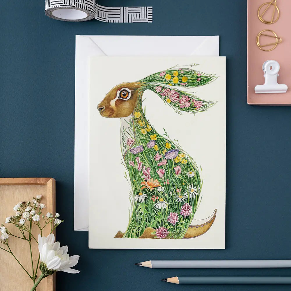 The DM Collection Hare in A Meadow Greetings Card & Envelope