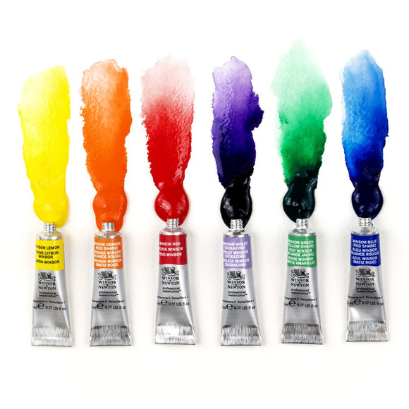 Six tubes of Winsor & Newton oil paint with color swatches on a white background